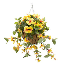 Load image into Gallery viewer, Hanging Planter with Yellow Hibiscus in a Burlap Basket
