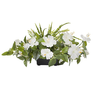 White Hibiscus Centerpiece in a Small Black Plate