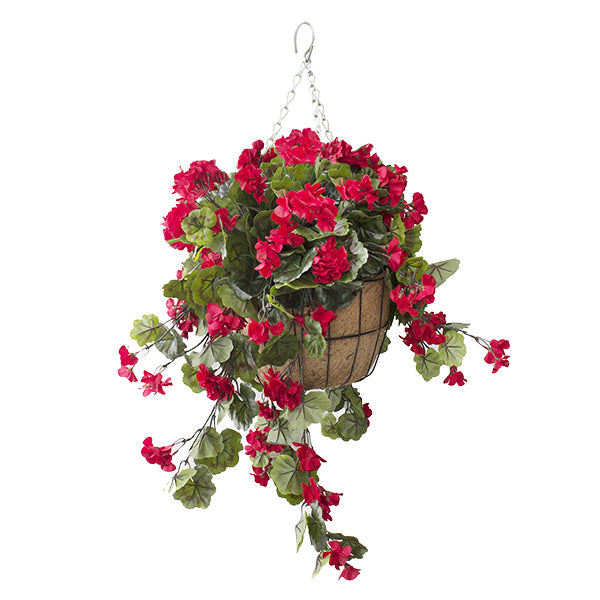 burlap hanging planter Hanging Planter with Red Geraniums in a Burlap Basket – Amazon Pools and  Spas Inc